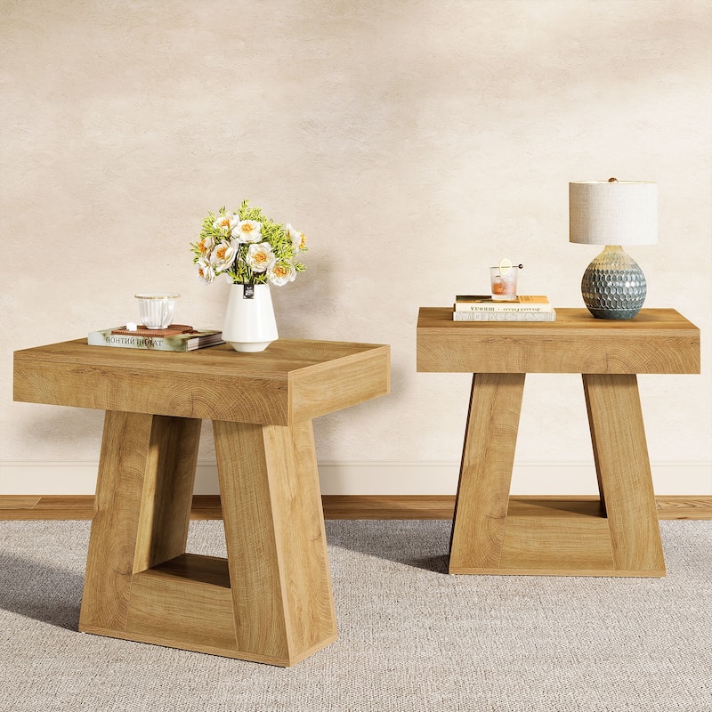 24" Modern 2-Tier Narrow End Table with Trapezoid Base - Brown - 2 Packs