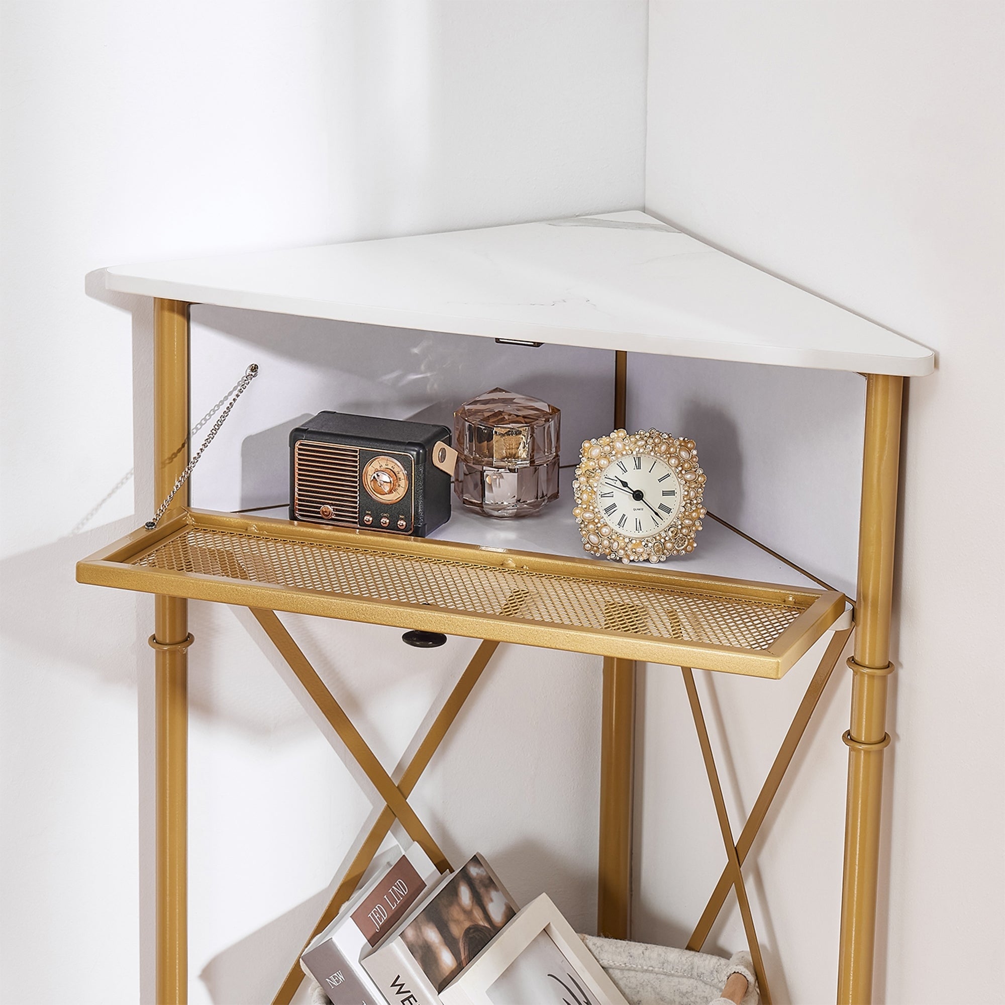 Javlergo Corner Table with Drawer and Storage Shelf Triangle