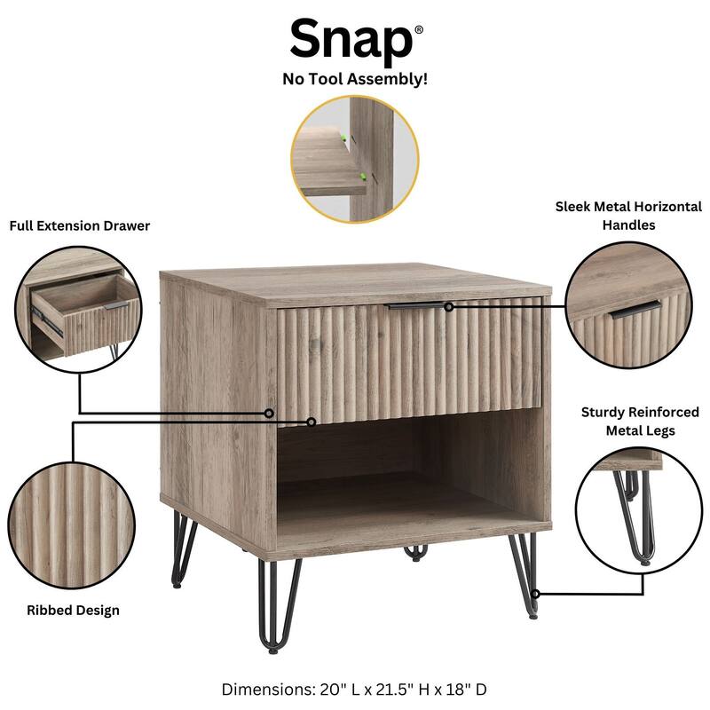 20inch Fluted Nightstand in Rustic Gray with Gold Handles and Splayed Legs