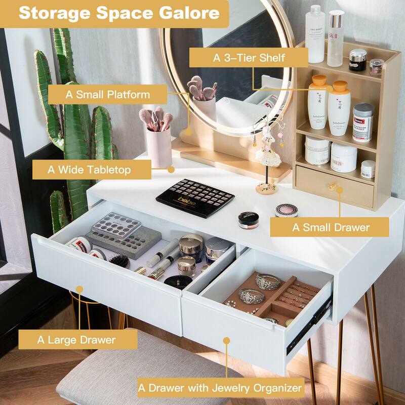 Gymax Vanity Table Set Lighted Mirror Storage Drawer Shelf Cushion