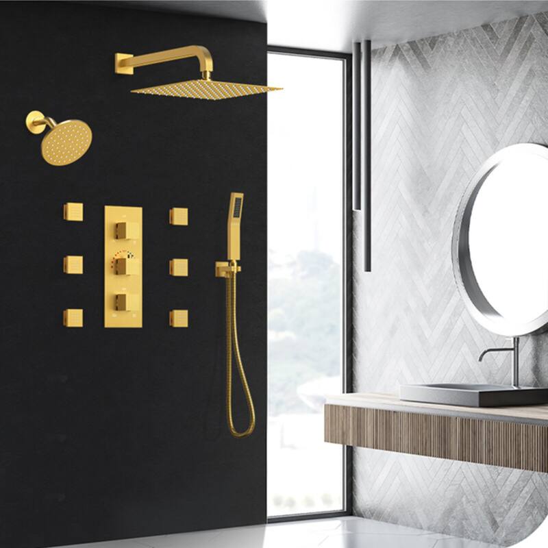 Thermostatic Dual Shower System 12" and 6" Rainfall Shower Head with 6 Body Jets & Handheld Shower - 12" x 6" - Brushed Gold