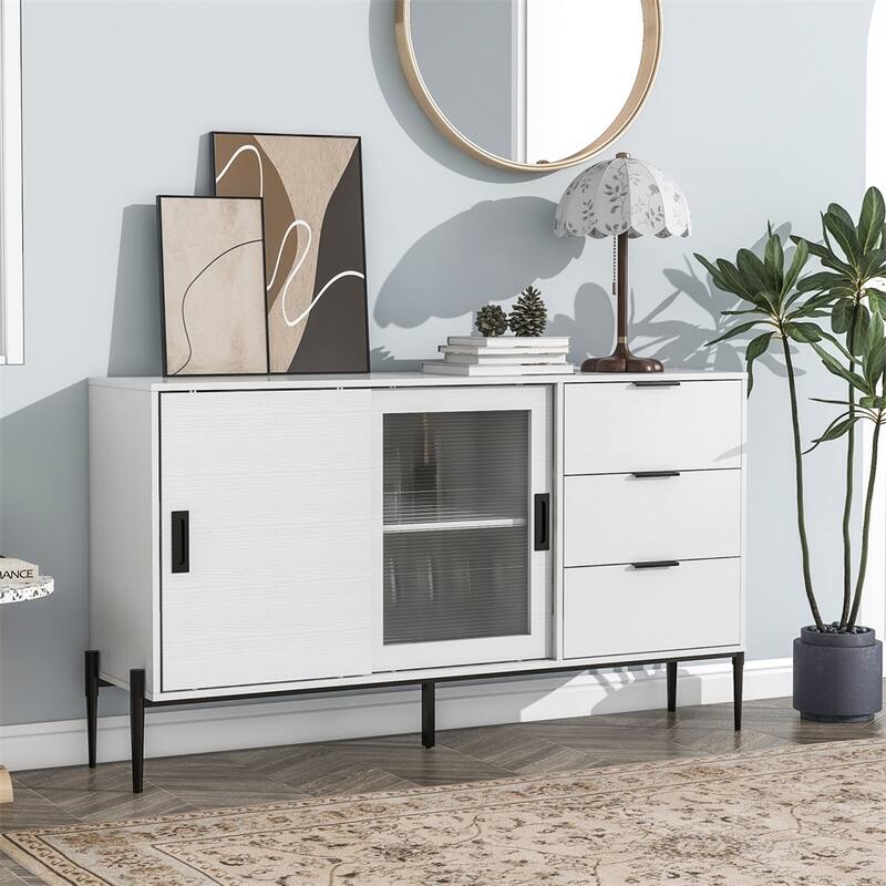 Modern Buffet Cabinet with Glass Sliding Door and 3 Drawers