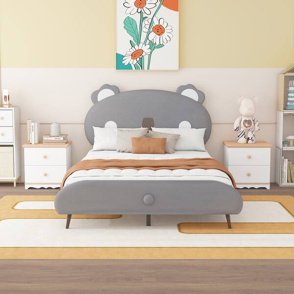 slide 2 of 15, Upholstered platform bed with koala-shaped headboard Grey
