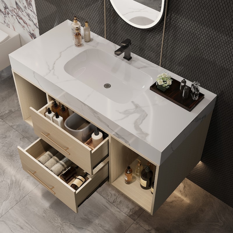 GDFStudio - Modern 39.4" Wall Mounted Floating Sintered Stone Bathroom Vanity with Seamless Ceramic Sink & Soft-Close Drawers