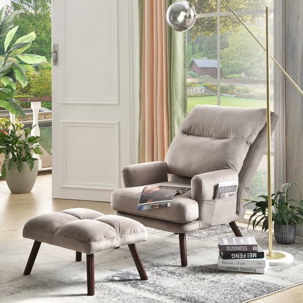 slide 2 of 10, OVIOS Wood Recliner Chair with Ottoman Grey Velvet