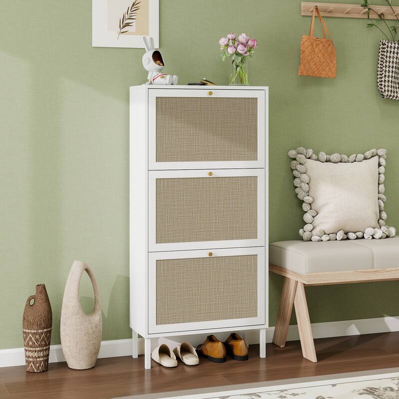 Shoe Storage Cabinet with 3 Flip Drawers, Freestanding 3-Tier Shoe Rack, Slim Shoe Organizer with Half Round Woven Rattan Doors