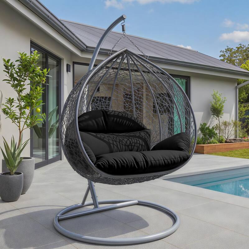 2-Person Egg Swing Chair with Grey Stainless Steel Frame, Cushioned 2-Seater Porch Swing for Outdoor and Indoor Use