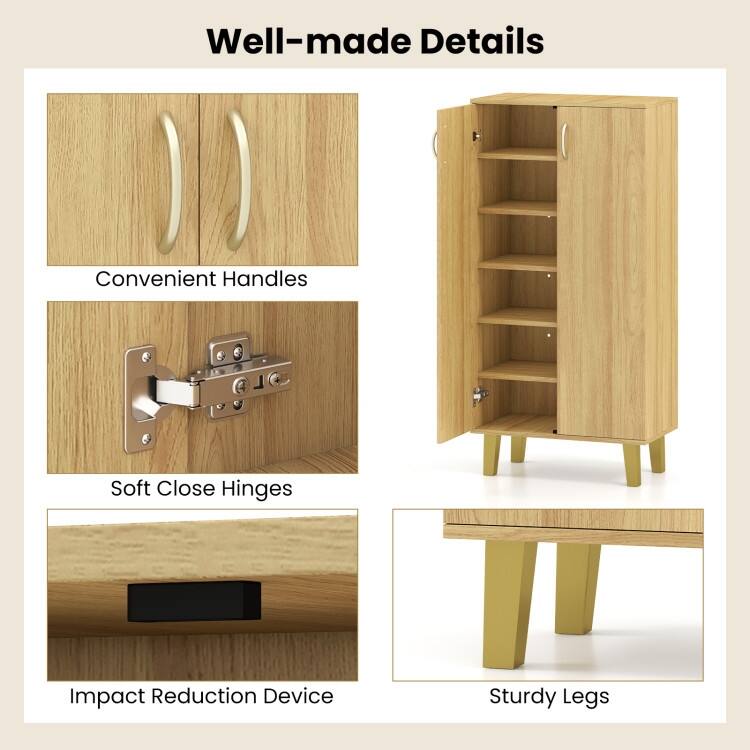Oak MDF Wooden Shoe Cabinet with Double Doors, Shelves and Storage - 24" x 13" x 48"