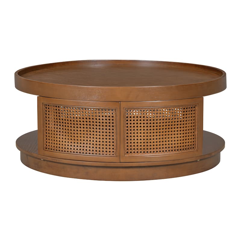 36.8" Solid Wood Round Coffee Table with Storage Shelf and PE Rattan Sides