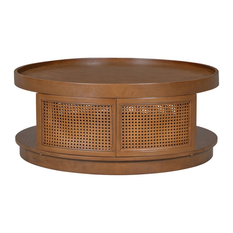 36.8" Wooden Mid-Century Modern Coffee Table with Storage, Round Cane Coffee Table with PE Rattan Side for Living Room