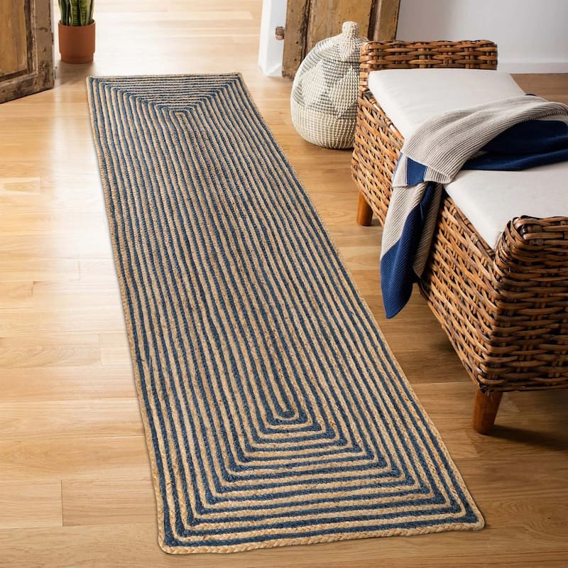 Superior Braided Jute Reversible Indoor Outdoor Area Rug - 2' 6" x 10' - Navy Blue