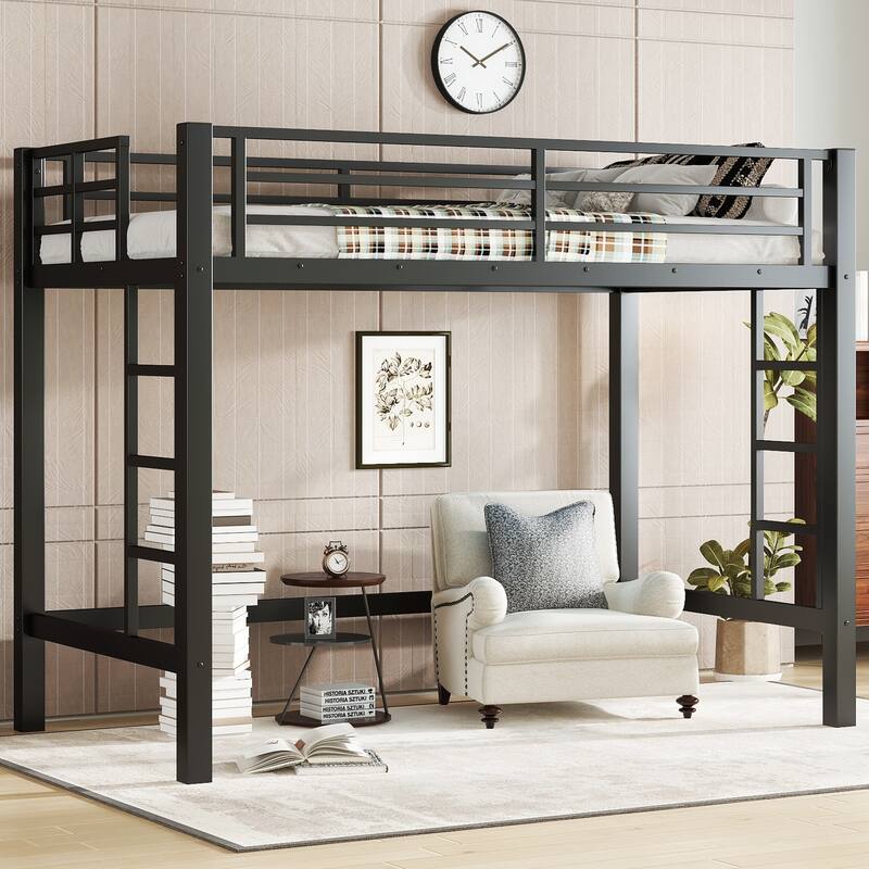 Twin Size Metal Loft Bed Frame with Ladders and Guardrails