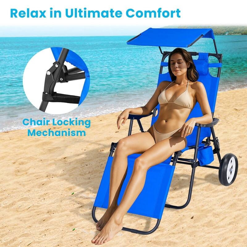 Beach Lounge Chair with Wheels and Canopy, Perfect for Pool or Picnic