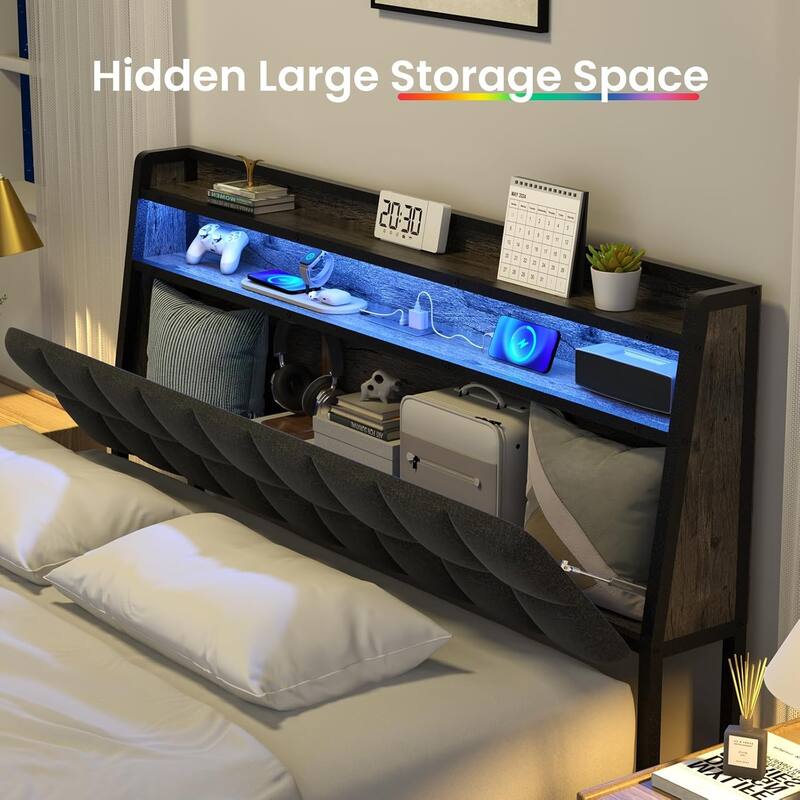 Ergonomic Queen Bed Frame with RGB LED Lights, Charging Station, and Multi-Space Storage