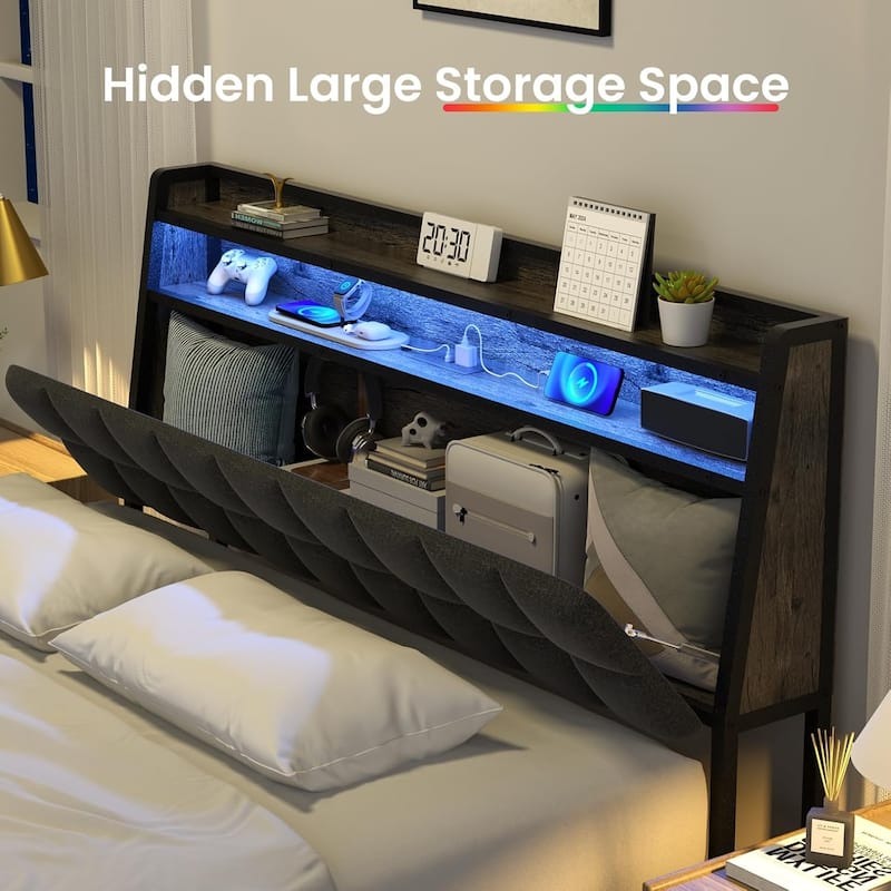 Full Bed Frame, Ergonomic Headboard with Multi-Space Storage, Bedframe with Charging Station RGB LED Lights
