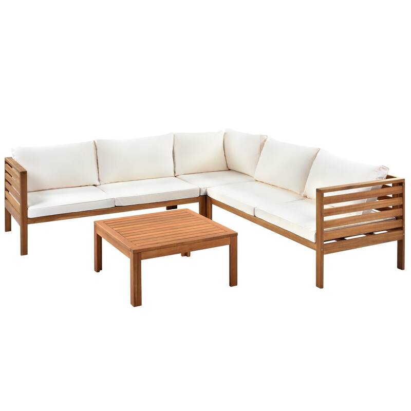 Roomfitters 3-Piece Outdoor Sectional Sofa Set with Coffee Table, Solid Wood Frame L-Shaped Patio Furniture