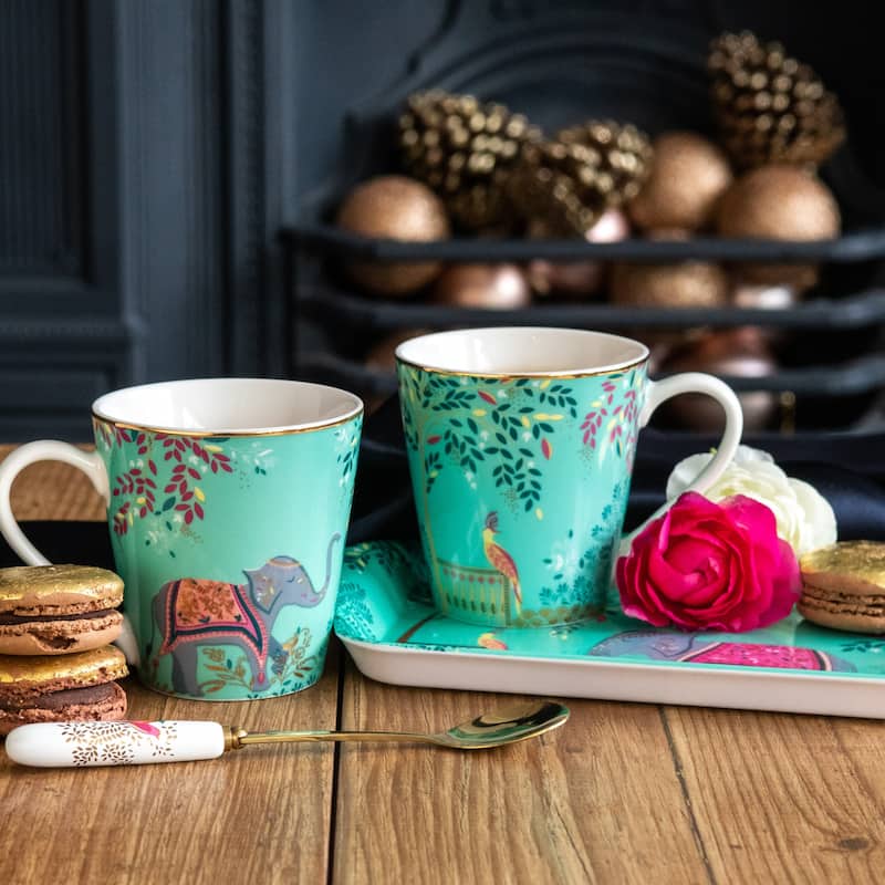 Sara Miller India Mug & Tray Set, Elephant's Oasis - 12 oz