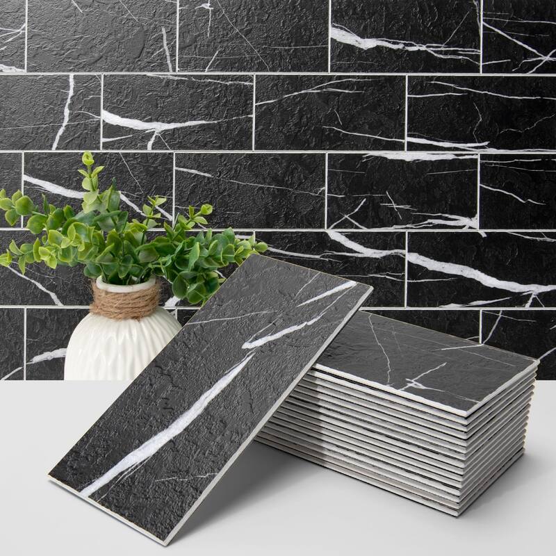 Art3d 102pcs 3"X6" Adhesive Subway Tiles & Wall Tiles Cover 12.75 Sq.Ft. - Black Marble