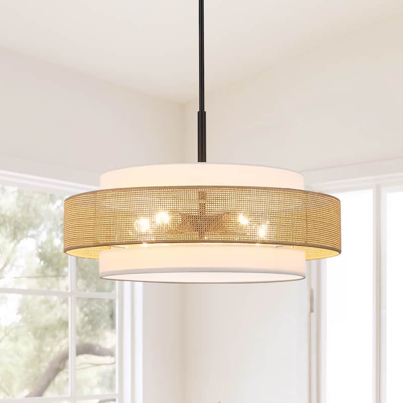 Bayou 5-Light Double Shade Drum Chandelier with Black Canopy - 24''W - Beige and white