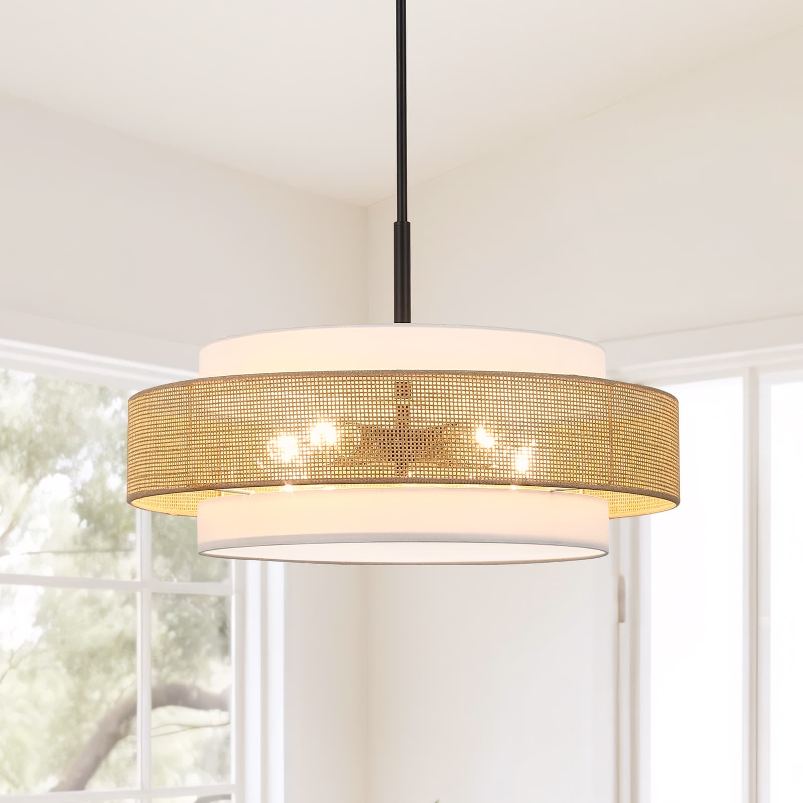 Bayou 5-Light Double Shade Drum Chandelier with Black Canopy - 24''W