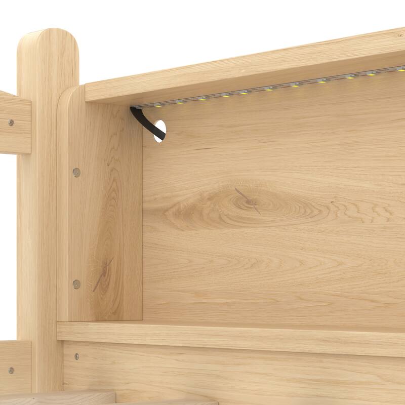 Kids Wood Low Loft Bed Frame with Storage Shelves, LED Light Strips, Curved Headboard, Safety Guardrails and Reversible Slide