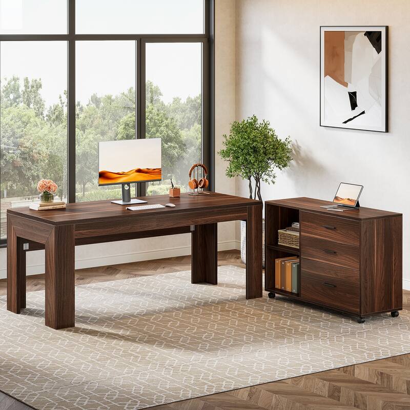 63" L Shaped Desk with File Cabinet, Executive Office Desk - Walnut & Brown