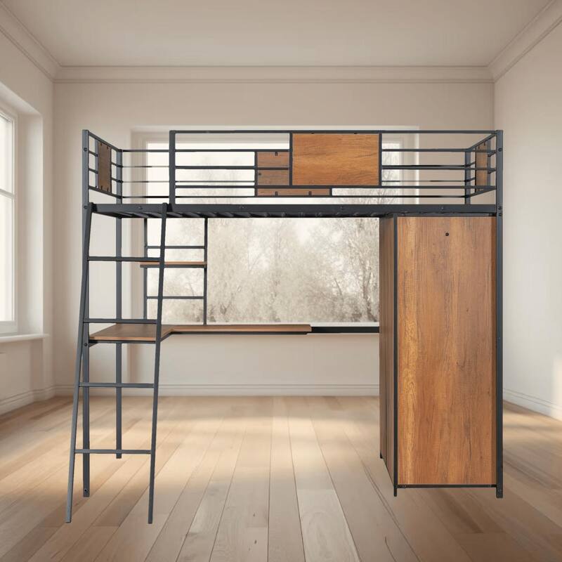 Twin Size Loft Platform Bed Frame with L-Shaped Desk and Spacious Wardrobe, Perfect for Kids and Teens, Bedroom Furniture - Black - Twin