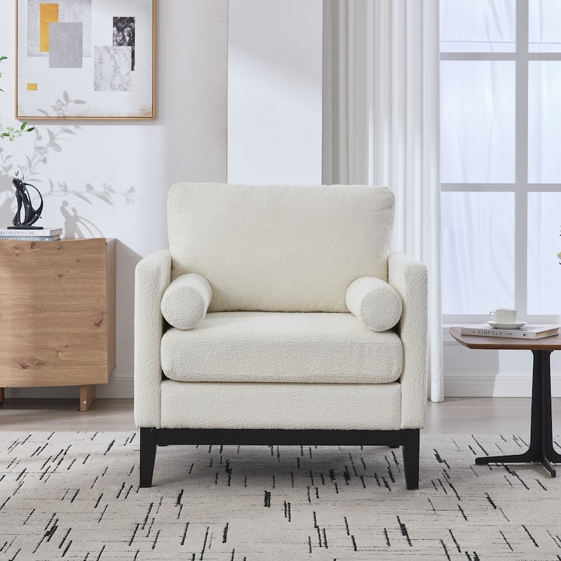 Modern Farmhouse Accent Chair , Wood Base Reading Armchair Single Sofa with Two Bolster Pillows for Living Room