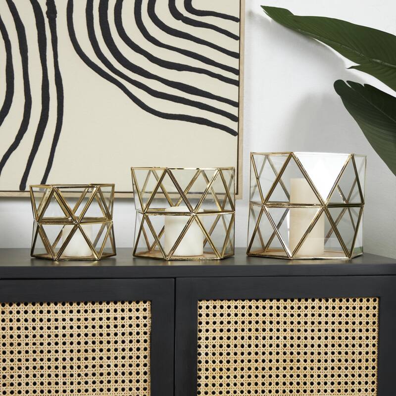 Metal Geometric Wide Diamond Patterned Hexagon Indoor Outdoor Candle Lantern - Set of 3 Gold - CosmoLiving by Cosmopolitan