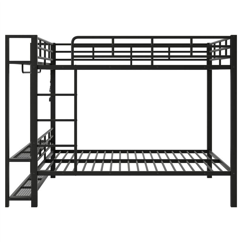 Full Over Full Size Bunk Bed with LED Light and Clothes Hanger, Metal Bunk Bedframe w/ Storage Mesh Shelves, Ladder & Guardrail