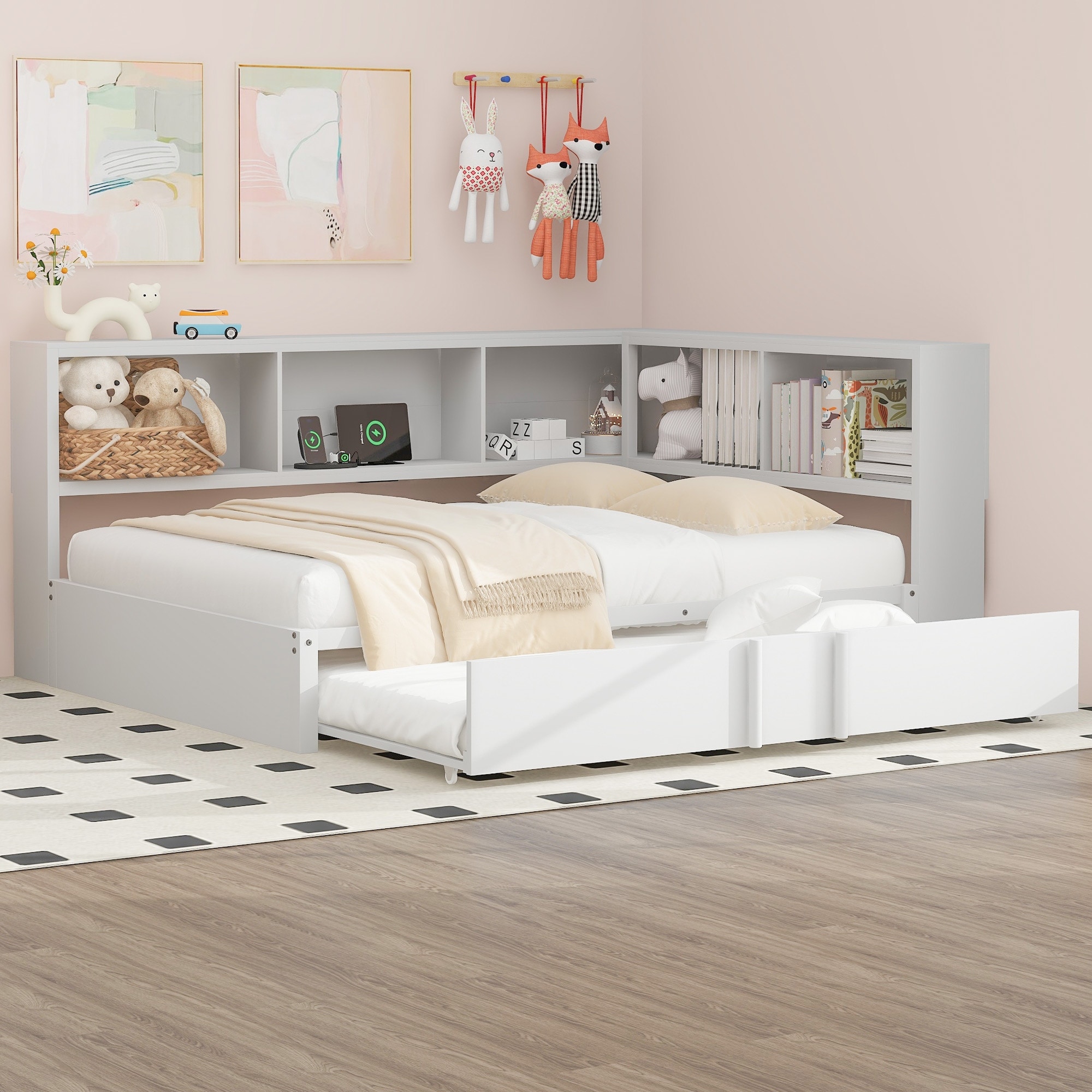 White Full Size Metal Daybed with Trundle, Storage Cabinets and USB Ports for Bedroom