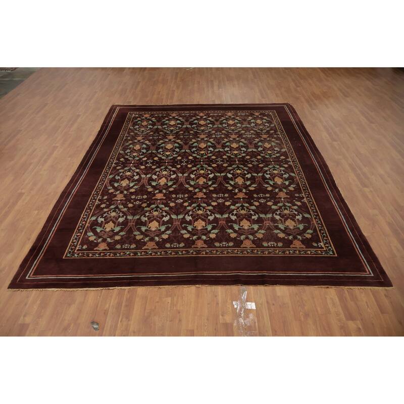 Hand Knotted Oriental 100% Wool Carpet Traditional Floral Brown Art Deco Area Rug - 11' 7'' X 9' 3''