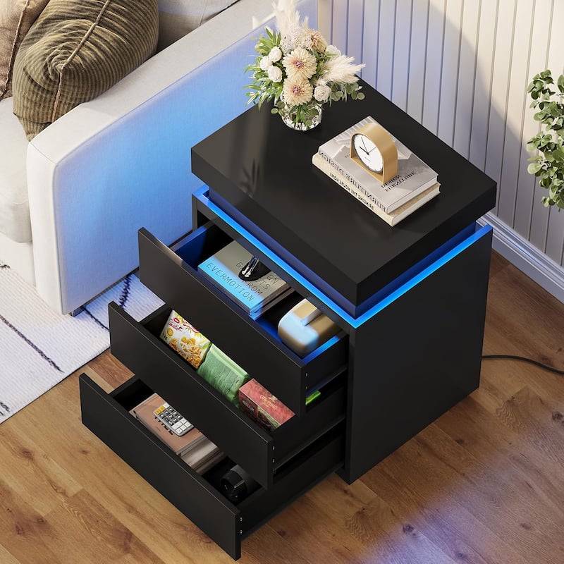 Bedroom Nightstand Charging Station LED Lights Sliding Top 3 Drawers