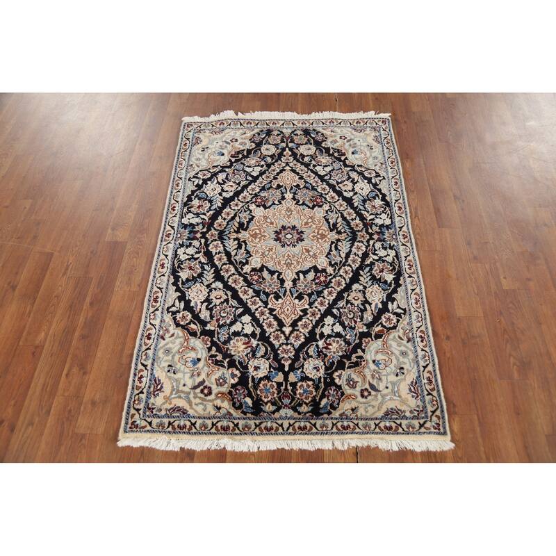 Dark Navy Blue Floral Nain Persian Accent Rug Handmade Wool Carpet - 2'11"x 4'4"