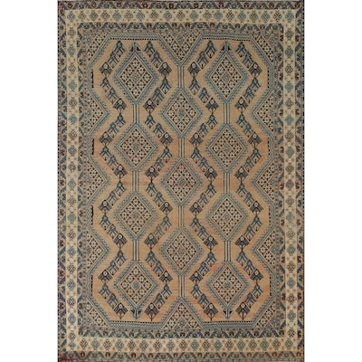Geometric Bakhtiari Persian Vintage Rug Handmade Orange Wool Carpet - 6'8"x 9'5"