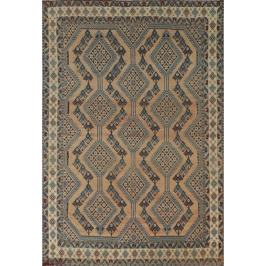 Geometric Bakhtiari Persian Vintage Rug Handmade Orange Wool Carpet - 6'8"x 9'5"