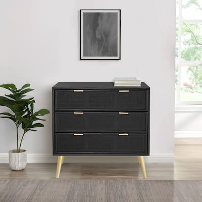 31 Inch Dresser Chest Cabinet, 3 Drawers, Woven Rattan, Modern, Black, Gold