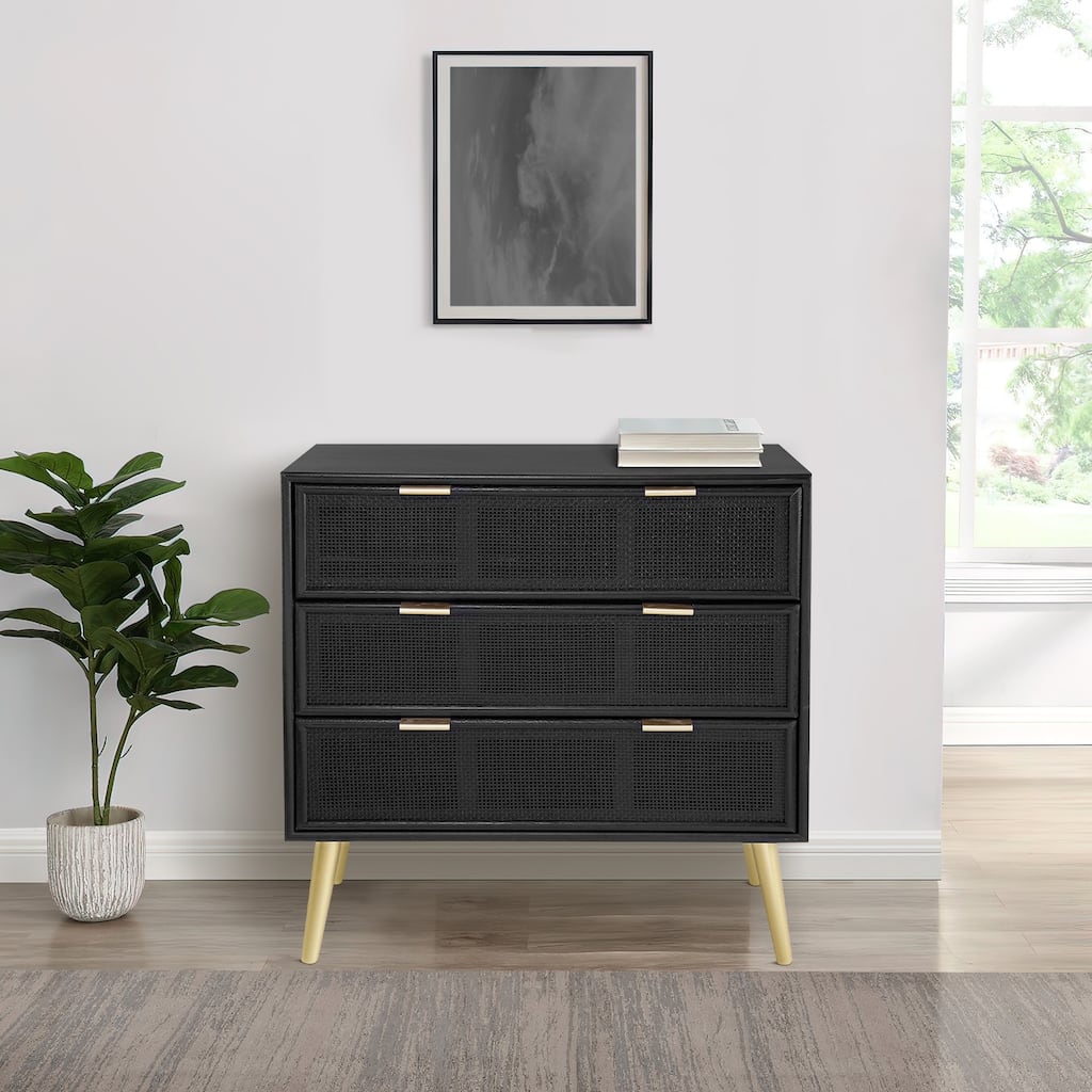 31 Inch Dresser Chest Cabinet, 3 Drawers, Woven Rattan, Modern, Black, Gold