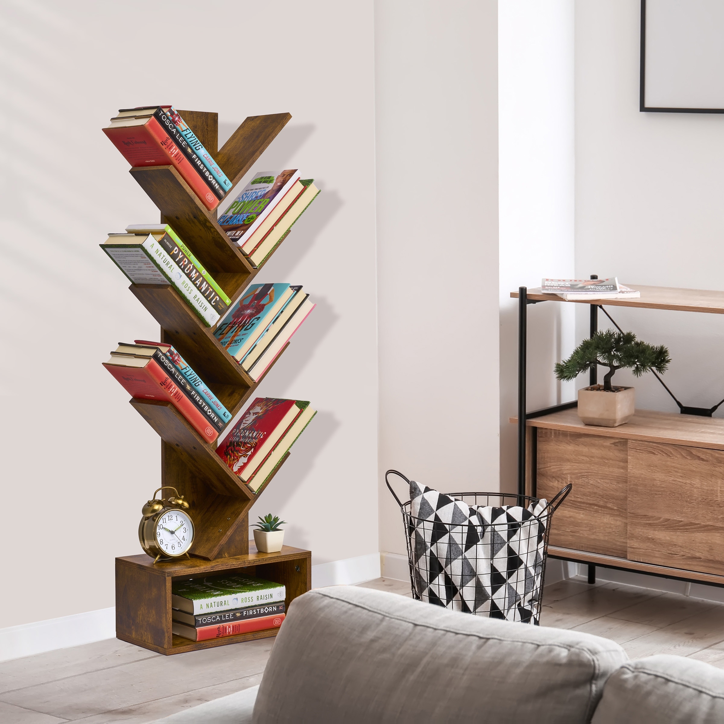 Sorbus 7 Tier Tree Bookshelf with Storage Shelf, Cable Access, and