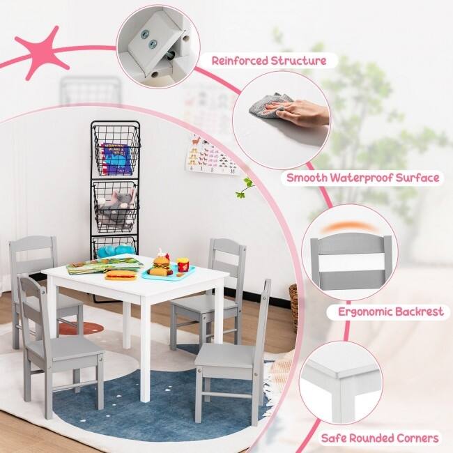 Kids 5 Pieces Table and Chair Set Wooden Children Activity Playroom Furniture Gift - table: 26" x 22" x 19" (L x W x H)