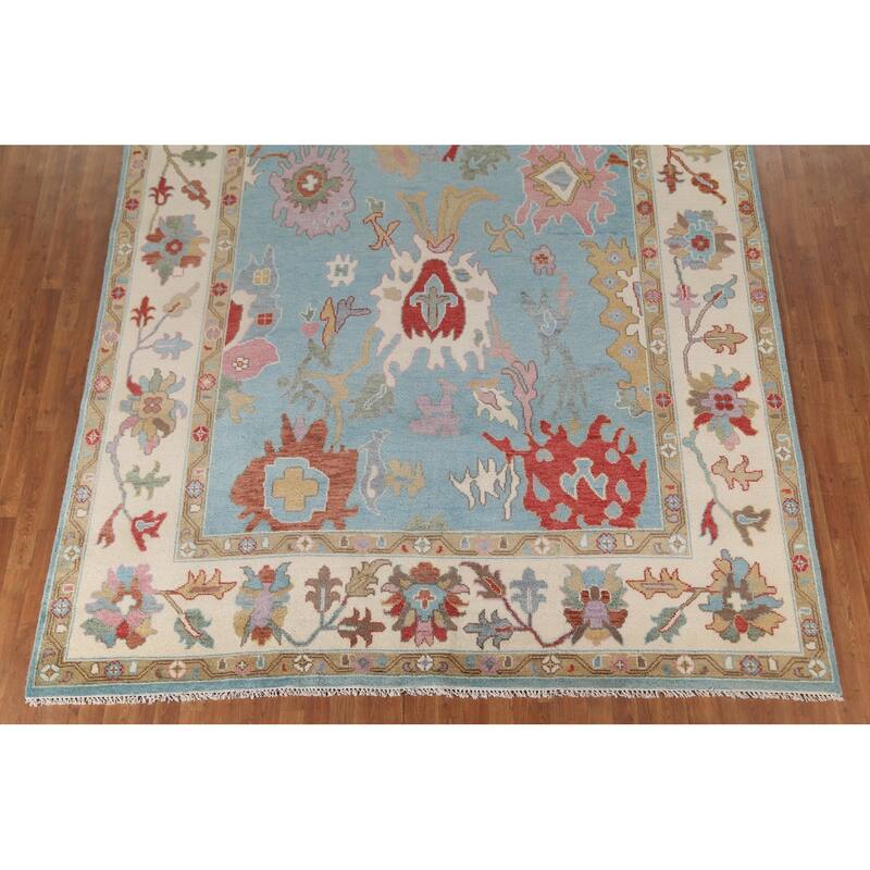 Light Blue Oushak Oriental Area Rug Handmade Floral Wool Carpet - 9'0"x 11'10"
