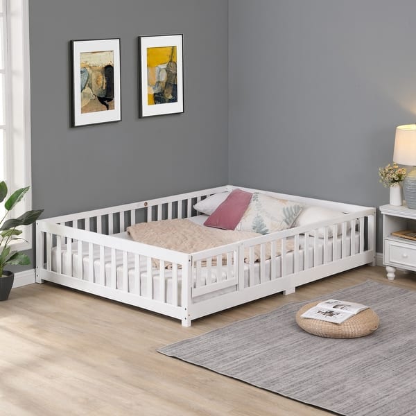 slide 2 of 8, Simple Lodge Design Twin Size Platform Bed,Solid Pine Wood Bed Frame with Fence,Safety Guardrails with Door White