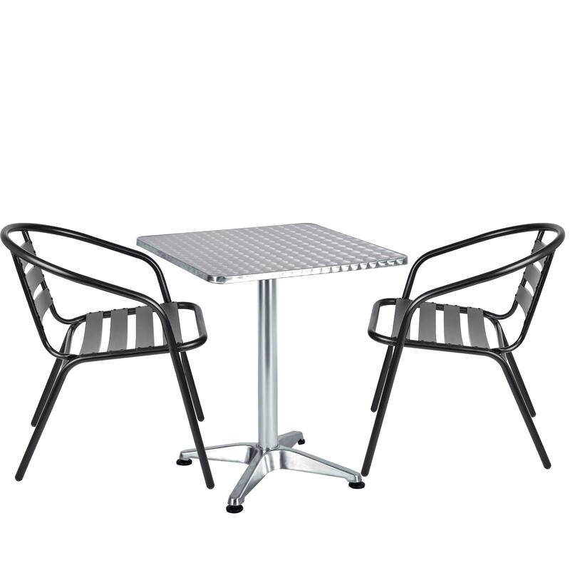 BTEXPERT Indoor Outdoor 23.75" Square Restaurant Table Steel Aluminum + 2 Black Metal Stack Chairs - Black