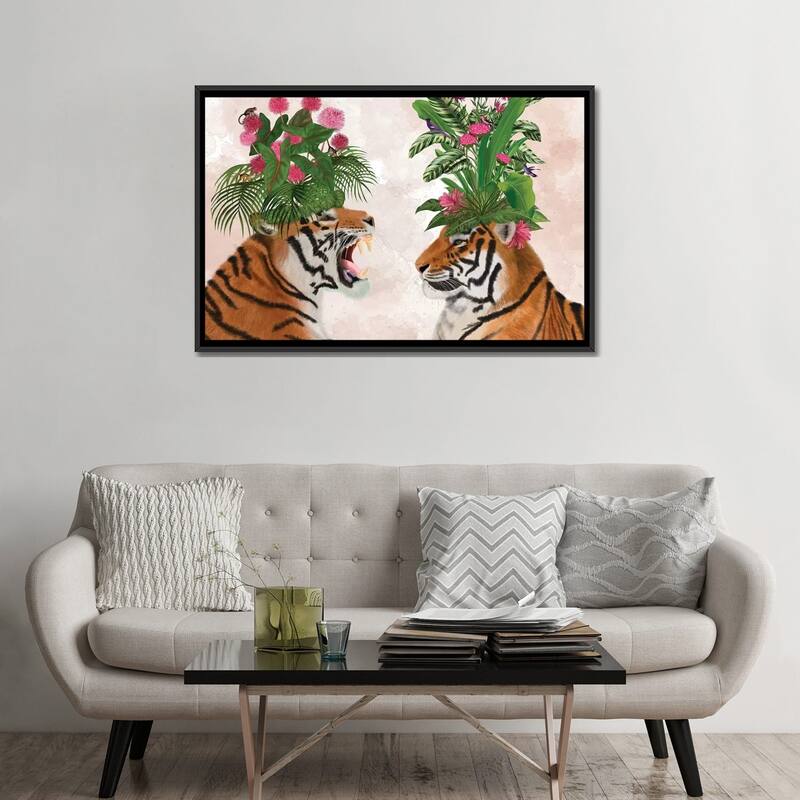 iCanvas "Hot House Tigers, Pair, Pink Green" by Fab Funky Framed Canvas Print