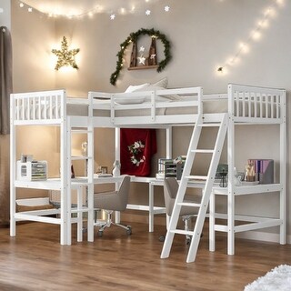 Wood Twin Size L-Shaped Loft Bed with Ladder and 2 Built-in Desks, White