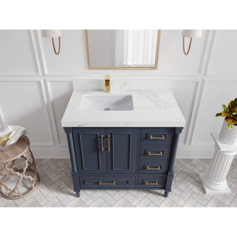 Willow Collections 36 in. W x 22 in. D Aberdeen Left Offset Sink Bathroom Vanity with Countertop - 2" Calacatta Nuvo - Hale Navy Blue