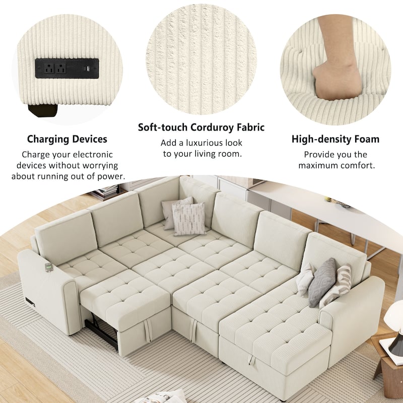 107.5" U-Shaped Corduroy Sectional Sofa Bed with USB