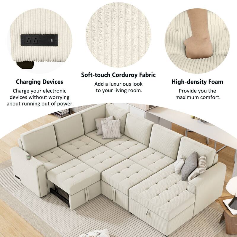 Convertible Sectional Sleeper Sofa with Pull Out Bed, Storage Chaise & Charging Devices, Oversized Corduroy U-Shaped Cloud Sofa