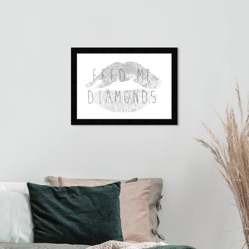 Wynwood Studio 'Feed me Diamonds' Fashion and Glam Wall Art Framed Print Lips - Gray, White - 19 x 13