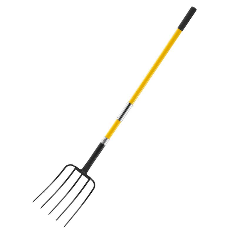 Yellow and Black Manganese Steel Garden Pitch Fork with Fiberglass Handle and Non-Slip Grip - 57.09 in x 9.65 in - Yellow-Black